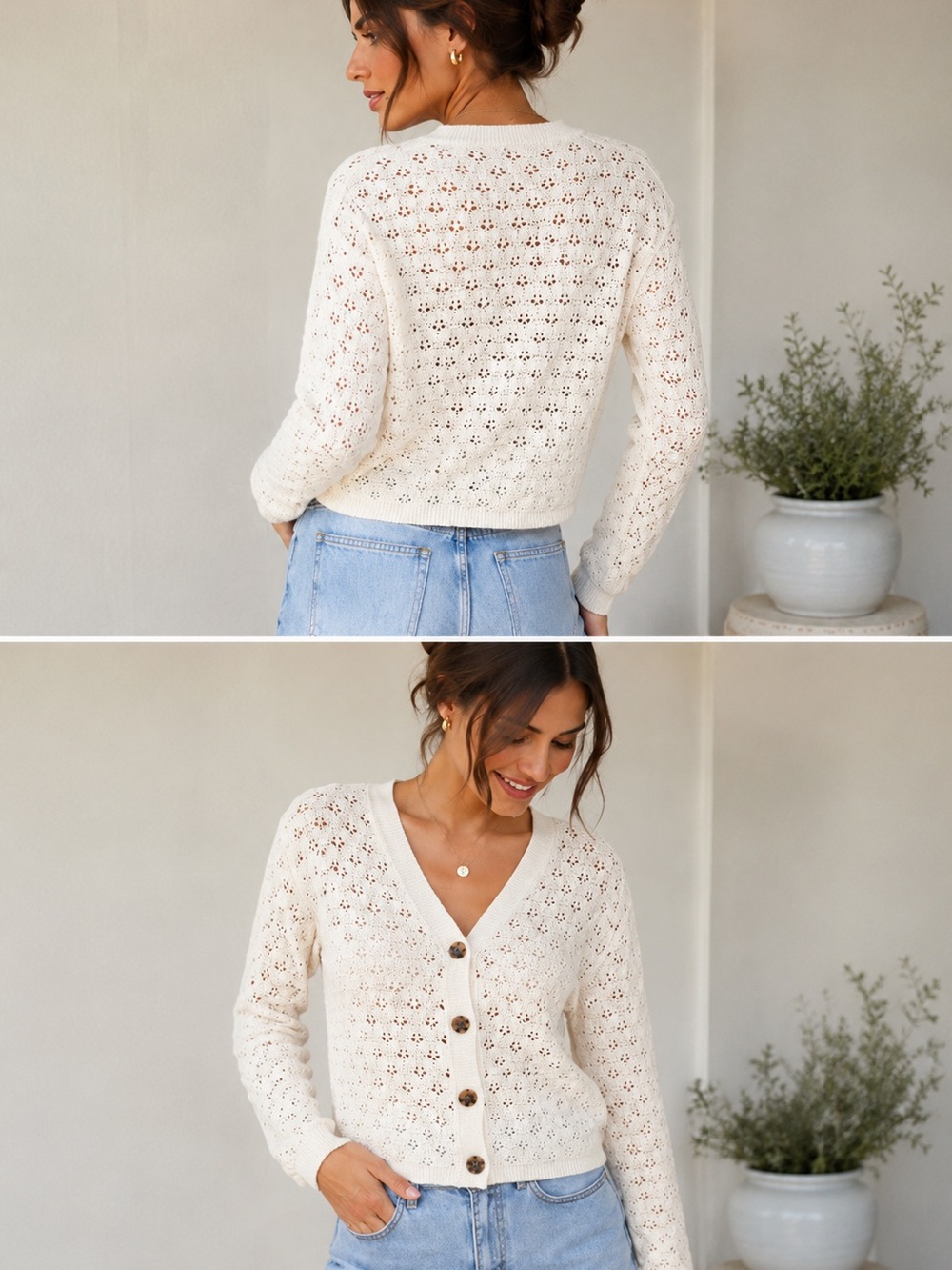 Hazel Moon Ivory Open Knit Cardigan Sweater XL Button Front Boho Cottagecore